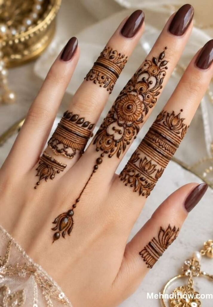 Hand with dark brown nails featuring intricate floral motifs and banded ring-style mehndi on the fingers.