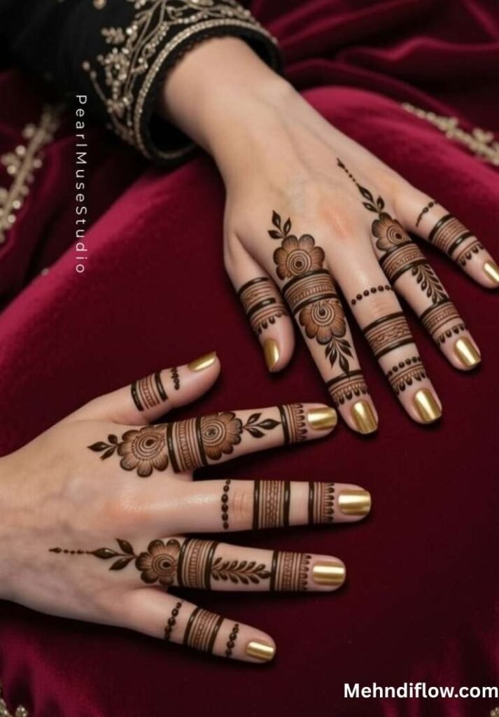 Two hands with gold nails resting on red velvet, showcasing floral and banded finger mehndi designs.