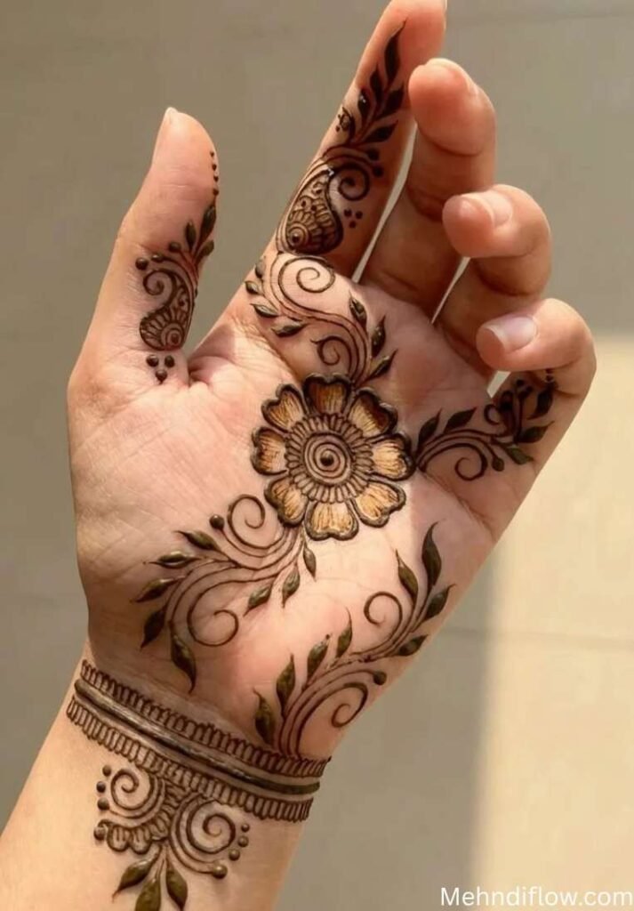 A palm-up hand featuring a sweeping floral and vine mehndi design that flows diagonally from the wrist bands up toward the index finger.