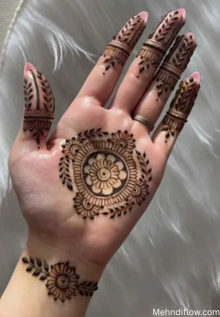 A palm-up hand featuring a central circular mandala mehndi design with a flower in the middle, delicate leafy trails climbing each finger, and a single floral wrist band.