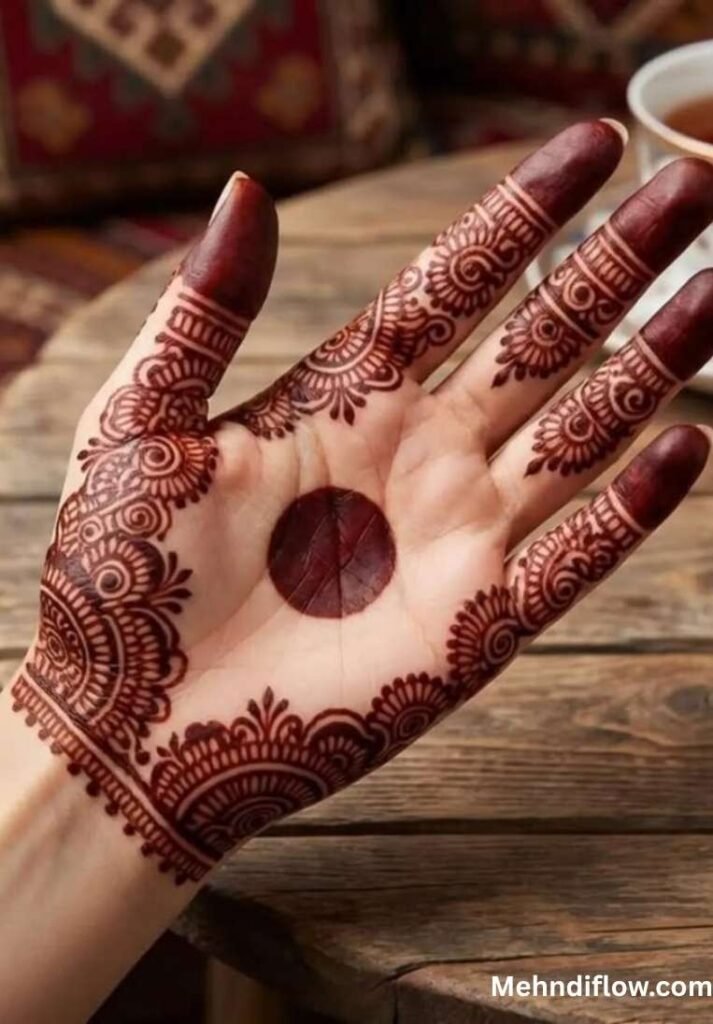 Open palm featuring solid dark fingertips, detailed patterned borders along the edge, and a distinct solid circle in the center.