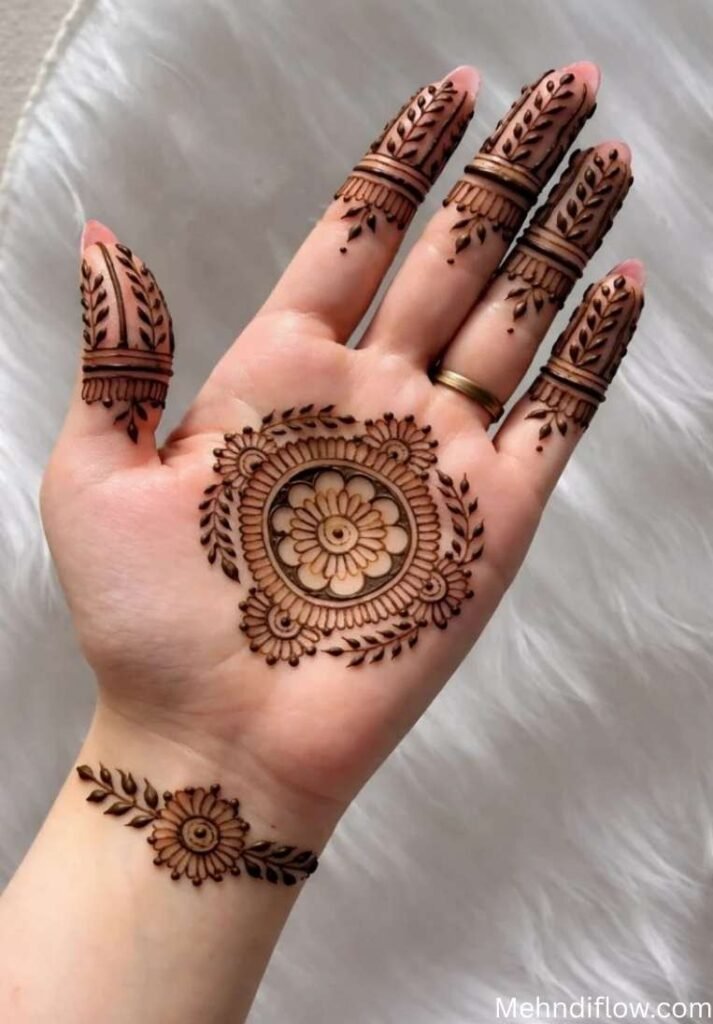 A palm-up right hand showcasing a bold, central circular mandala henna design with leafy trails climbing each finger and a matching wrist band.
