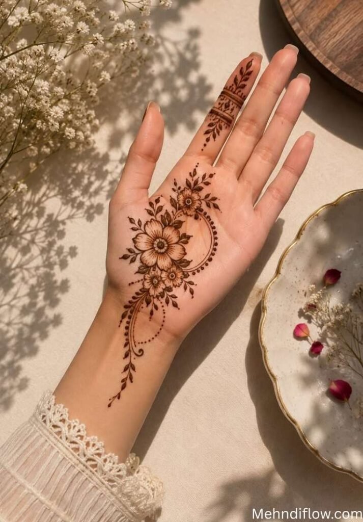 A palm-up right hand with a delicate, minimalist floral henna design in the center, extending into faint trails toward the wrist and fingers.