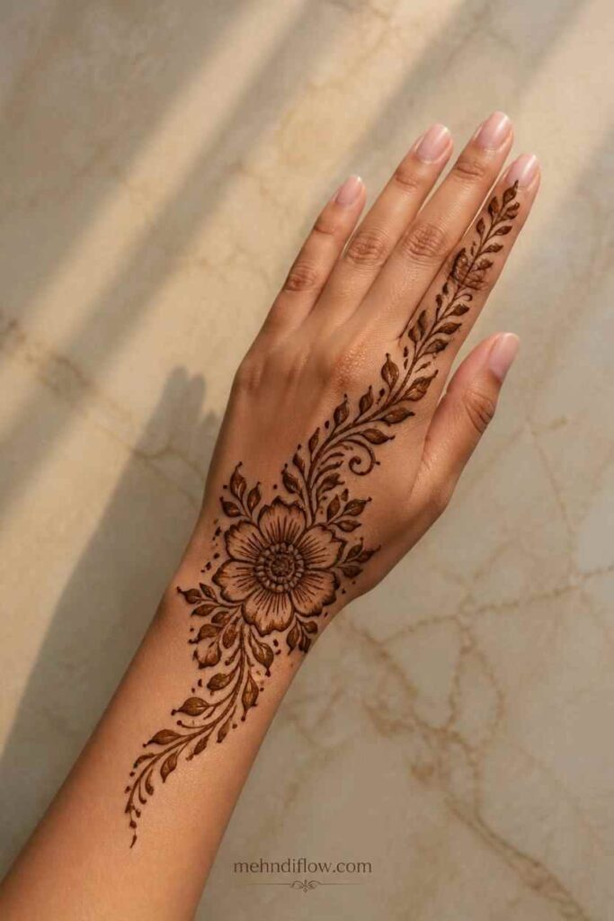Arabic back hand mehndi design with diagonal floral vine
