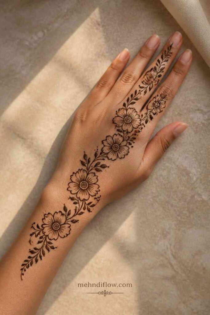 Diagonal wrist-to-finger Arabic mehndi design
