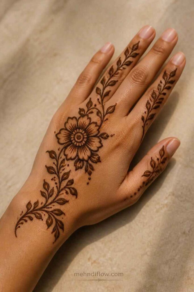 Arabic mehndi with bold flowers, leafy vines and negative space