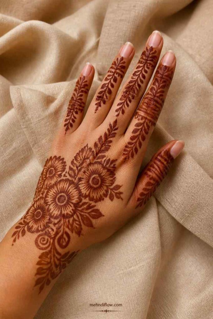 Full hand Arabic mehndi design with floral and leafy details
