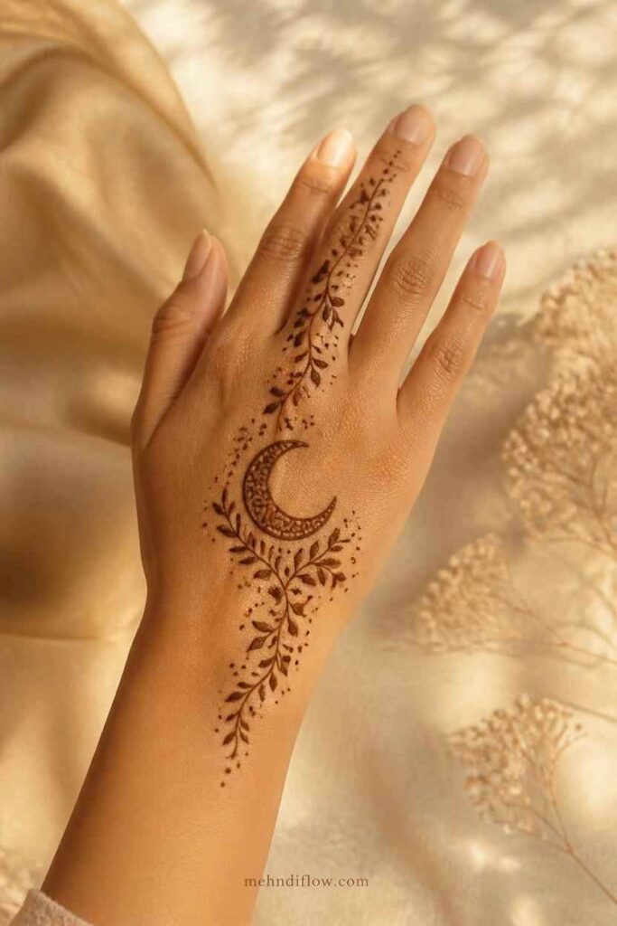Crescent and leaf Arabic mehndi design for Eid ul Adha
