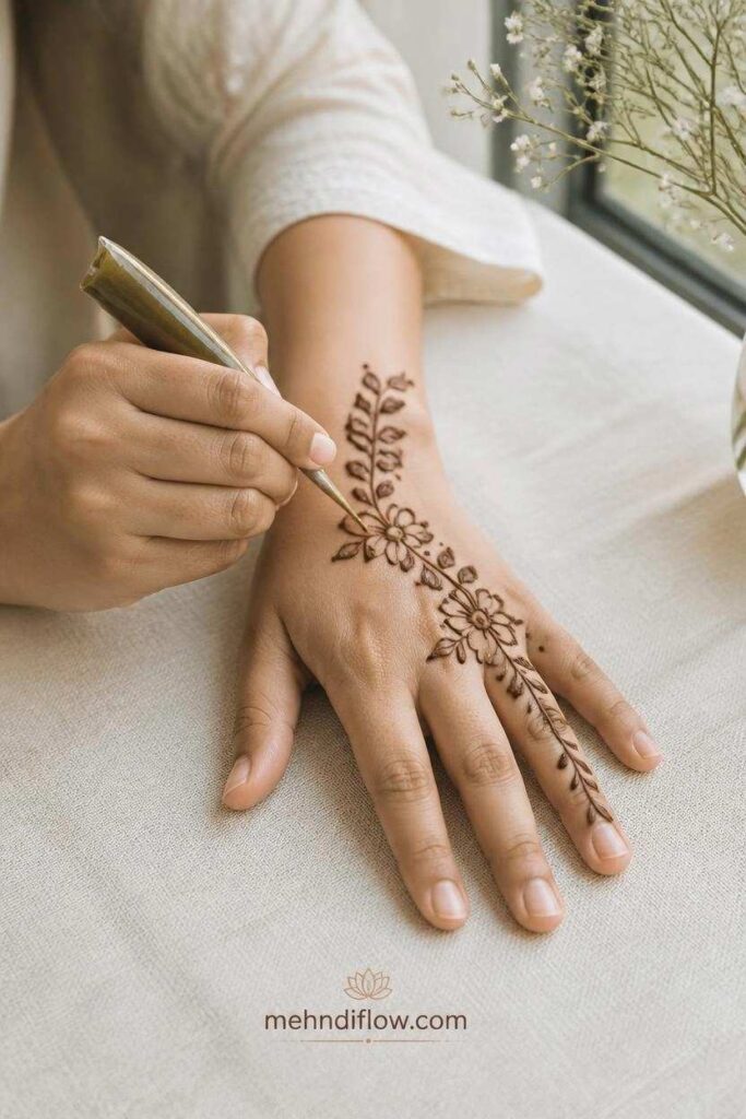 Deep brown Arabic mehndi stain after Eid application
