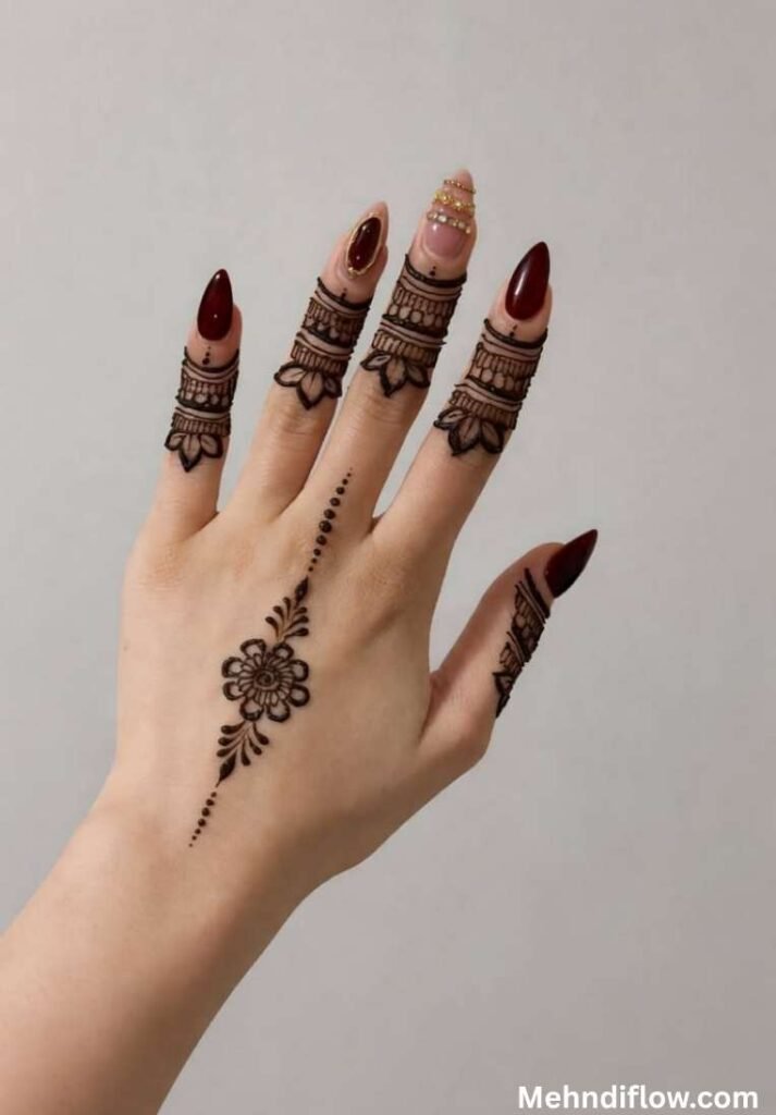 Simple back hand mehndi design with a single central flower trail and intricate finger cuffs