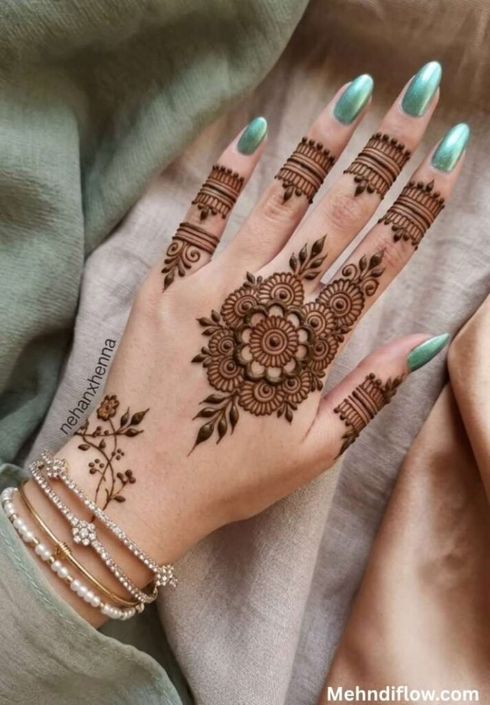 Aesthetic back hand mehndi design featuring a central flower motif, lined finger segments, and a tiny floral branch near the wrist