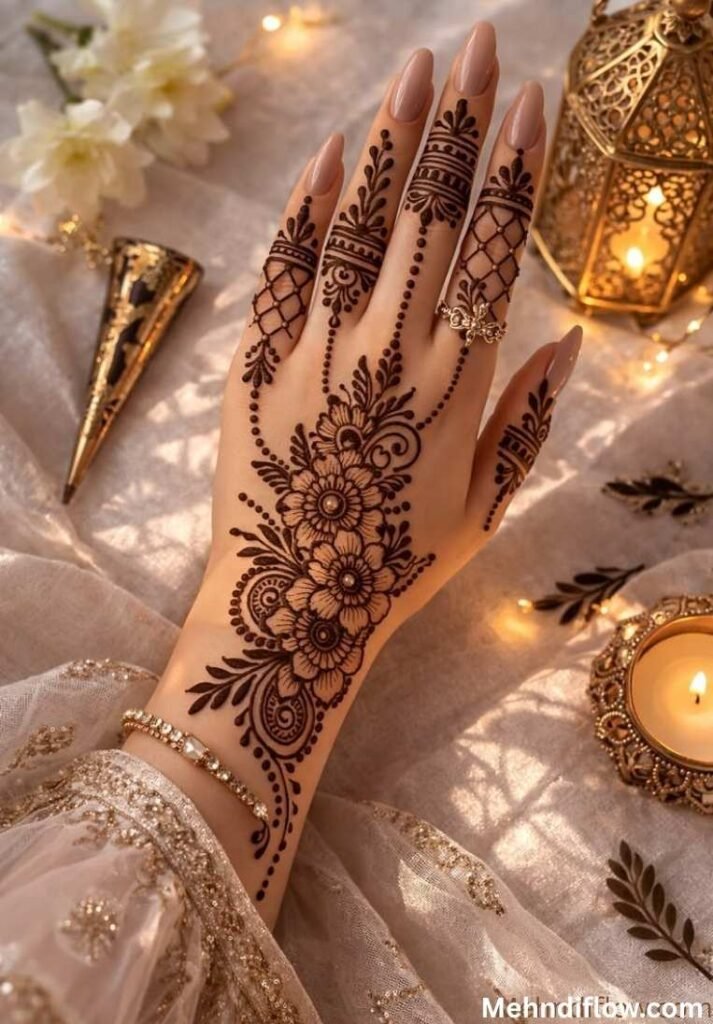 Intricate bridal Arabic mehndi design featuring heavy floral patterns, net details on fingers, and warm festive decor.- Arabic Back Hand Mehndi Design
