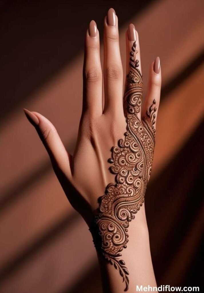 Simple trailing Arabic mehndi design on the side of the back hand and index finger