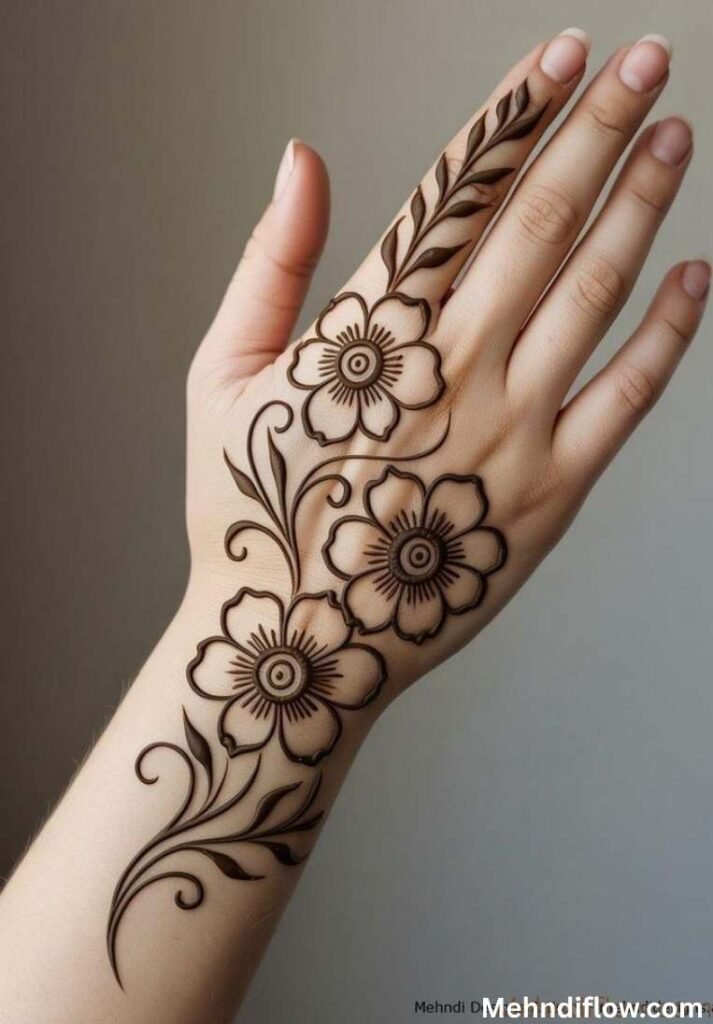 Simple Arabic mehndi design with a bold floral vine and a leafy trail on the index finger. - Arabic Back Hand Mehndi Design