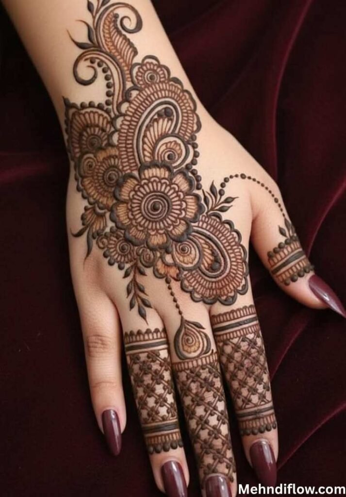 A close-up of a hand featuring an Arabic fusion mehndi design with bold, dark floral outlines, swirling paisleys, and intricate checkered patterns on the fingers.