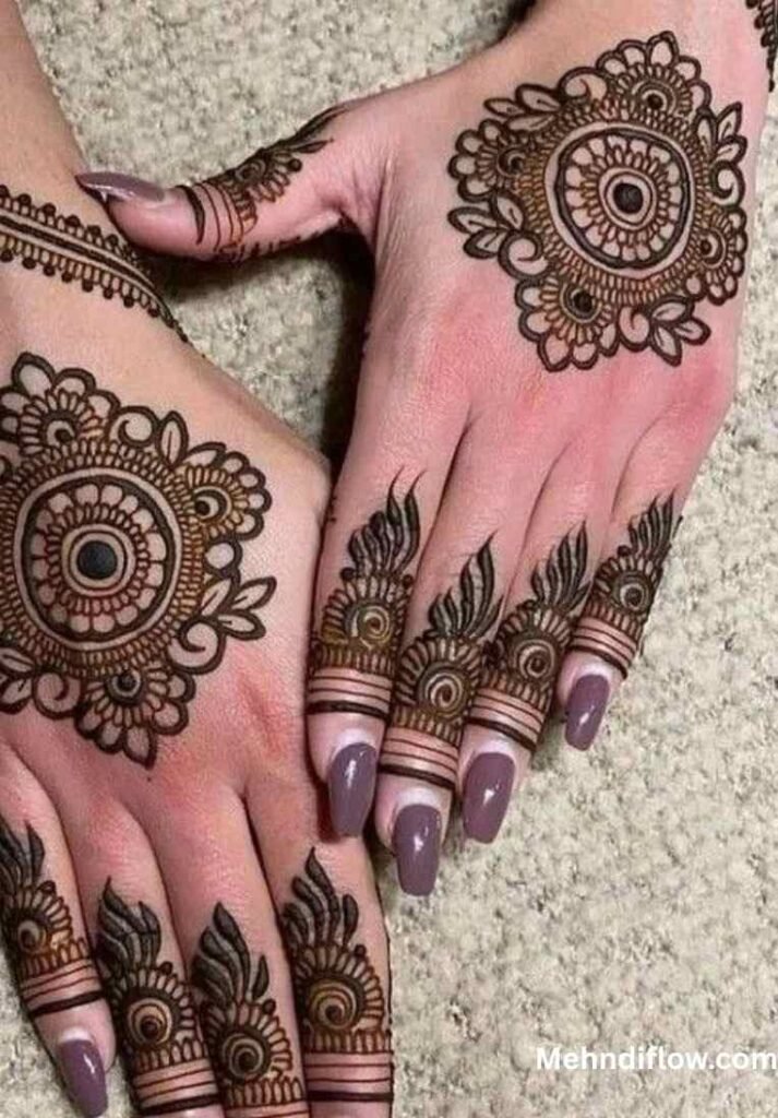 Hands displaying bold circular mandalas with flowing, curved floral patterns.