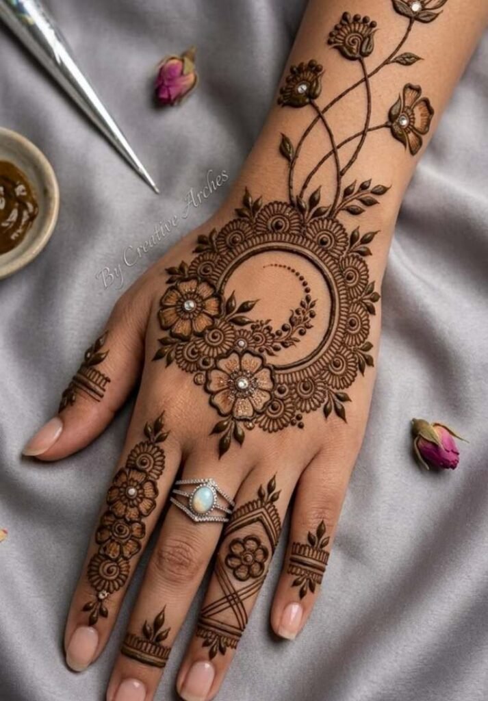 Detailed mandala henna pattern on the back of the hand with floral accents and ring finger designs. - How Many Types of Mehndi Design Are There