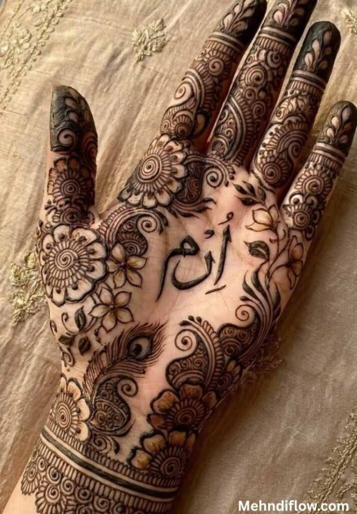 Close up of an open palm featuring a bold and intricate Arabic mehndi design with detailed floral motifs, paisleys, and shaded finger patterns, leaving a clean space in the center for an Arabic name written in elegant, thick calligraphy