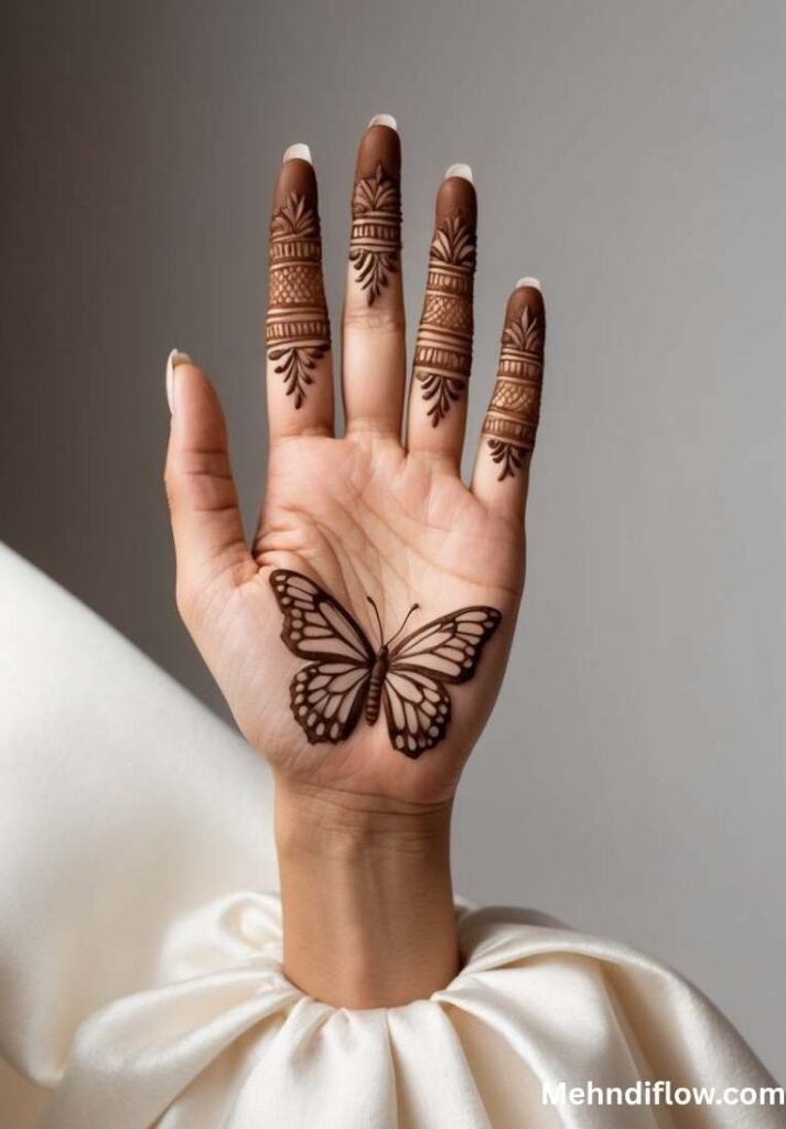 Arabic style henna design featuring a boldly outlined butterfly on the lower palm with thick, decorative patterned bands wrapping around the fingertips.