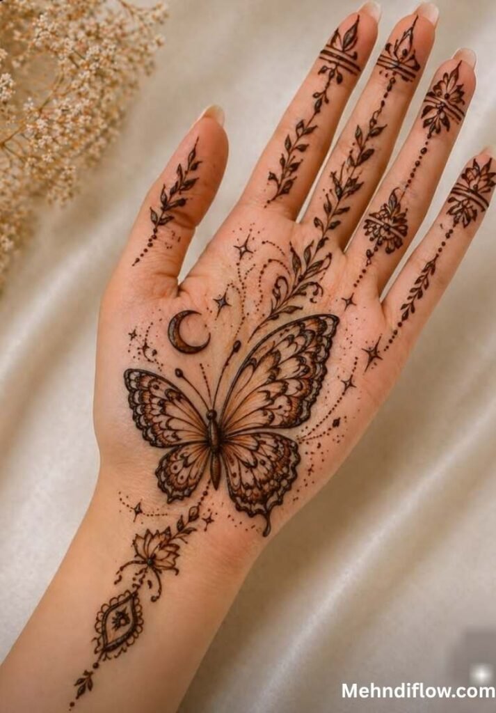  Intricate Arabic style mehndi on the palm featuring a large detailed butterfly, a crescent moon, stars, and leafy vines trailing up the fingers and down the wrist.