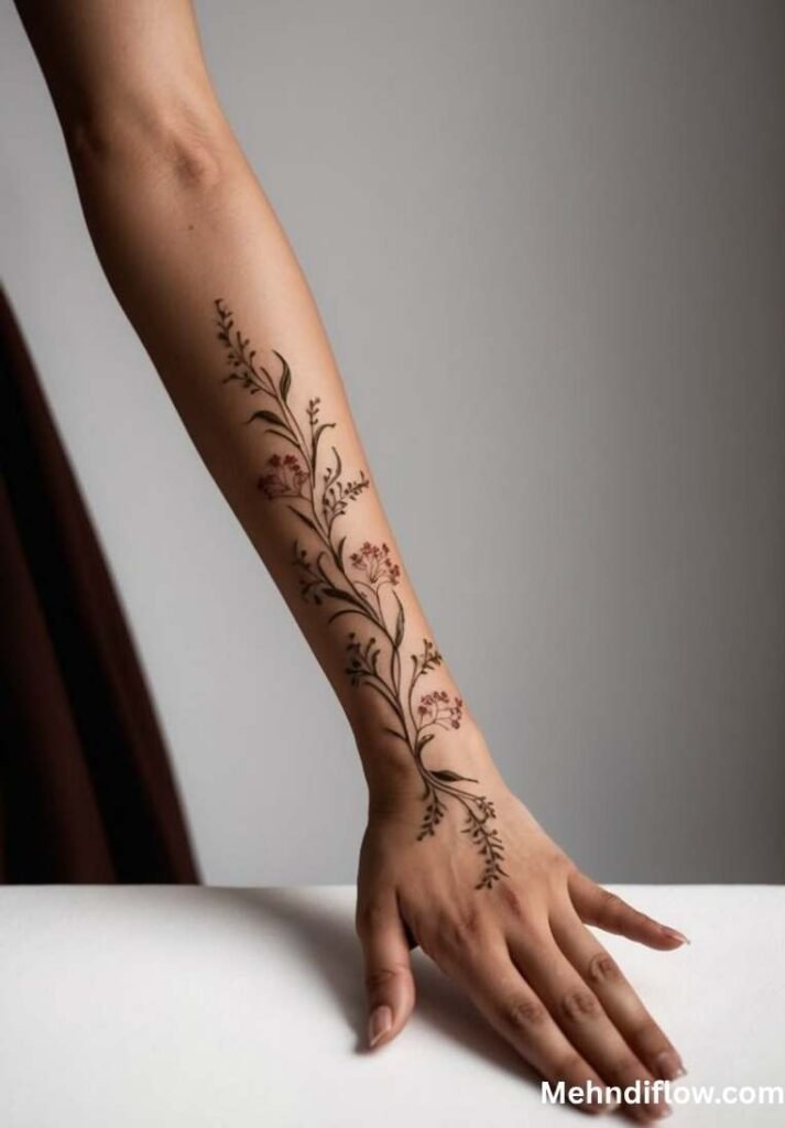 Minimalist Arabic vine mehndi design stretching gracefully up the forearm, showcasing a single continuous leafy trail with tiny delicate blossoms.