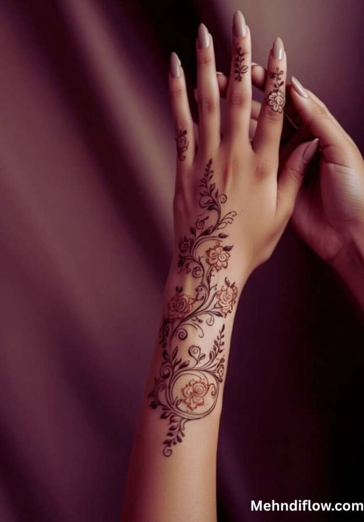Elegant Arabic vine mehndi design on the back of the hand and wrist featuring intricate floral patterns, delicate leaves, and micro-dot detailing on the fingers.