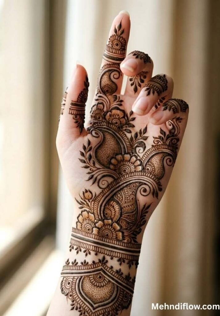 A close-up of a hand featuring a traditional Arabic mehndi design with bold, flowing paisley motifs and detailed floral accents extending from the wrist to the fingers.