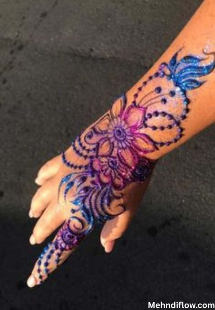 Back Hand Purple Glitter Mehndi Design - purple glitter mehndi design