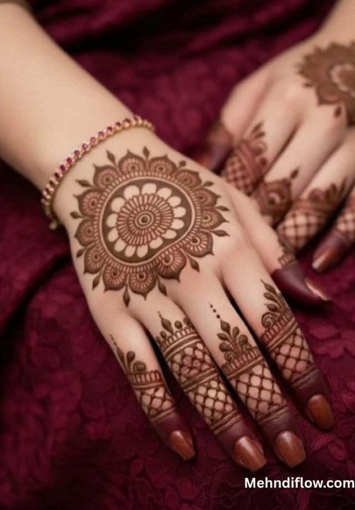 Hand showing a detailed circular tikki design with intricate lattice patterns on the fingers.