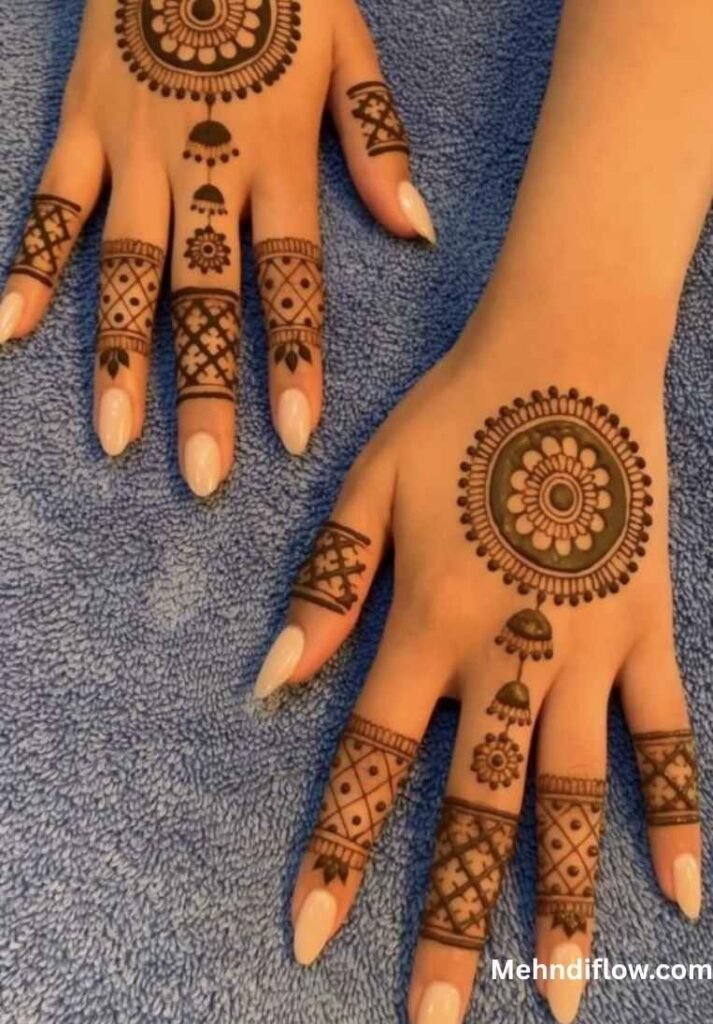 Hand featuring a central round mandala with structured geometric detailing on the fingertips.
