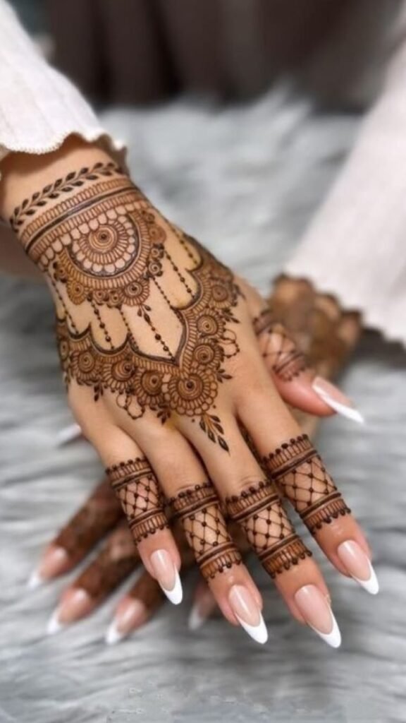 Yeh raha image_ff449c.jpg ke liye alt text:
Alt text: Close-up of the back of the hand featuring an intricate henna design with a wrist band connected to detailed finger-length lattice patterns