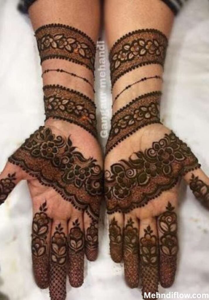 Left image displays intricate full bangle henna designs on the palms, and right image shows a detailed bridal-style sleeve mehndi design,
