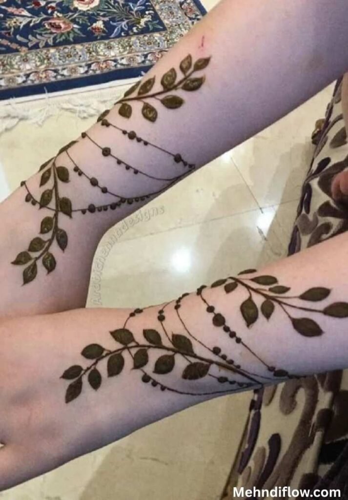 Wrists featuring elegant, bracelet-inspired henna patterns with leaf and dotted chain details.