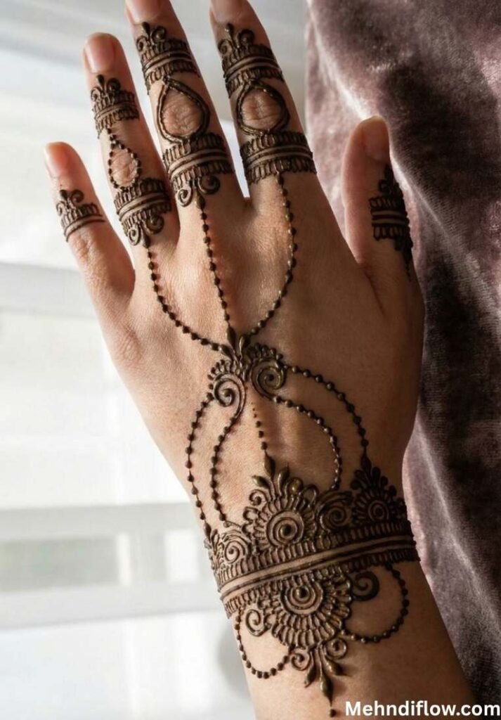 Hand harness style mehndi with an ornate wrist cuff and delicate chained finger rings.