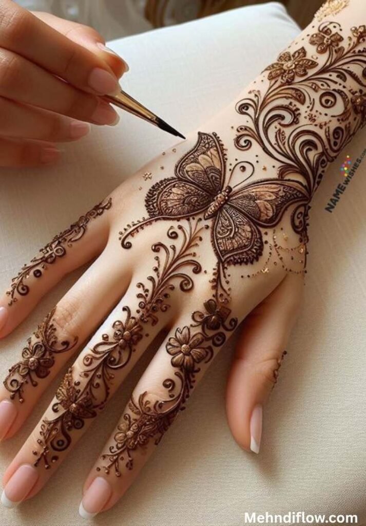 Intricate bridal butterfly mehndi design in progress, featuring a detailed central butterfly surrounded by flowing Arabic-style floral vines on the back of the hand.