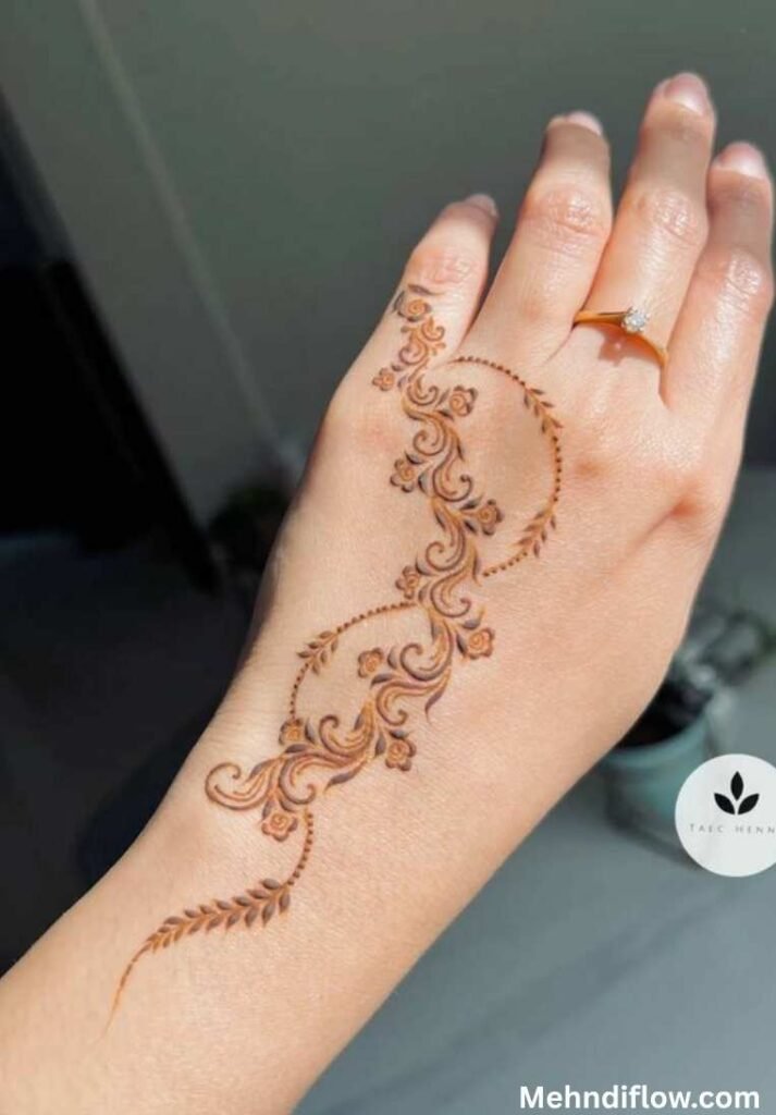 A hand featuring a delicate, flowing bridal fusion mehndi pattern combining swirling floral and leaf details.