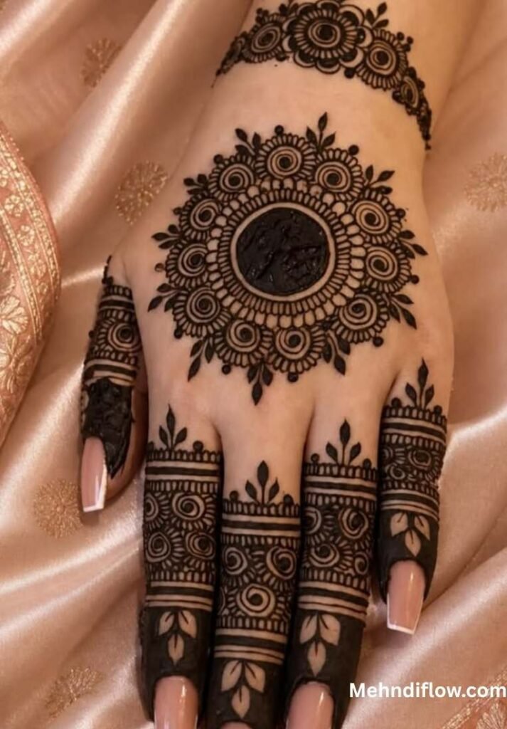 Hand displaying a bold, detailed mandala tikki with elegant, structured fillers on the fingers and wrist.
