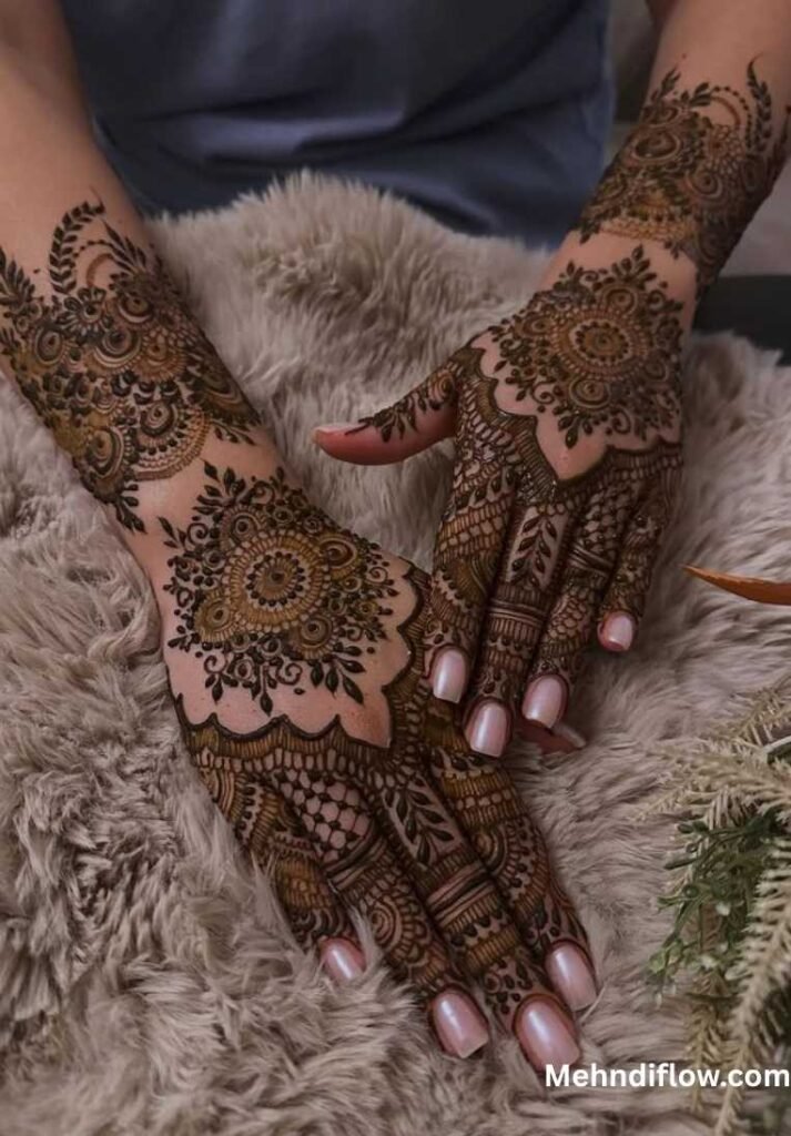 Hands with dense bridal mehndi featuring a central tikki surrounded by intricate filler patterns and floral details.