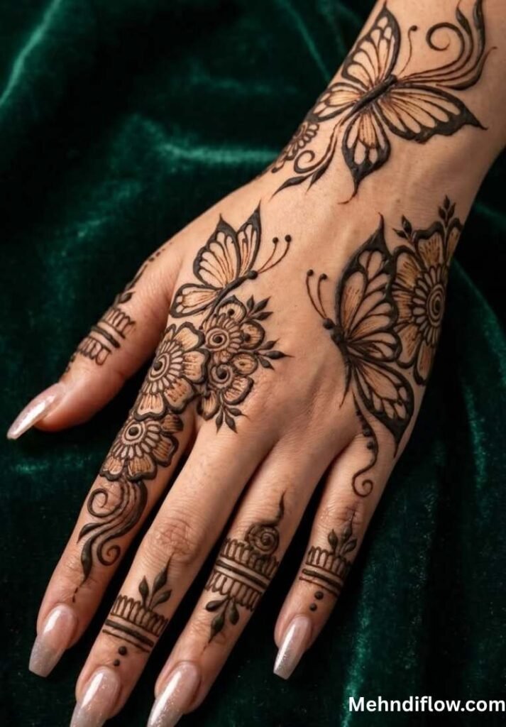 Intricate, shaded butterfly mehndi design spanning across the back of the hand and index finger, accented with floral elements and detailed, ring-like finger bands.