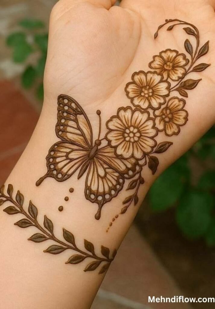 Intricate shaded butterfly and blooming floral cluster henna design on the inner wrist, complete with a leafy bracelet pattern.