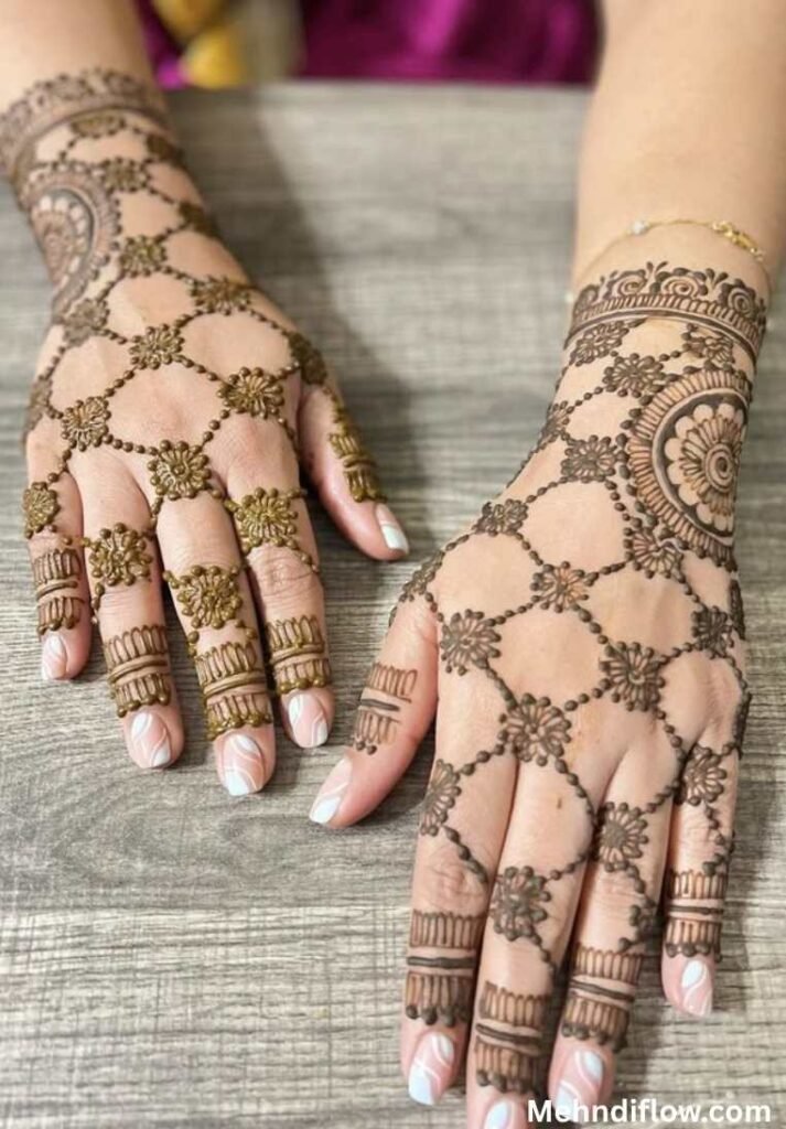 Detailed check pattern henna layout with shaded boxes in a classic Chowkadi grid style. - raj mehndi design