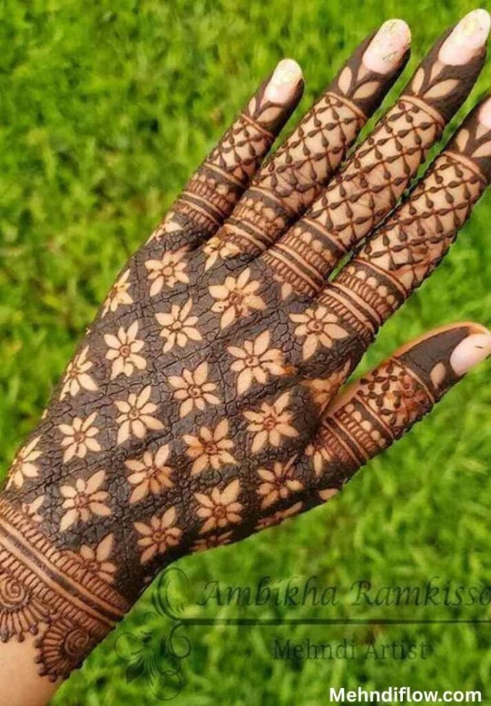 Elegant Chowkadi grid mehndi design on the back of the hand featuring clean geometric square patterns. - raj mehndi design
