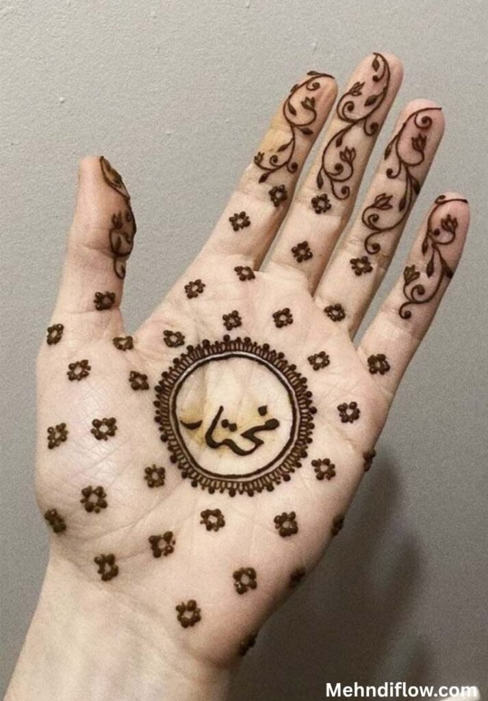 Close up of a open palm featuring a central circular frame enclosing an Arabic name in elegant calligraphy, surrounded by a minimalist grid of tiny floral dots and detailed vine patterns trailing up the fingers