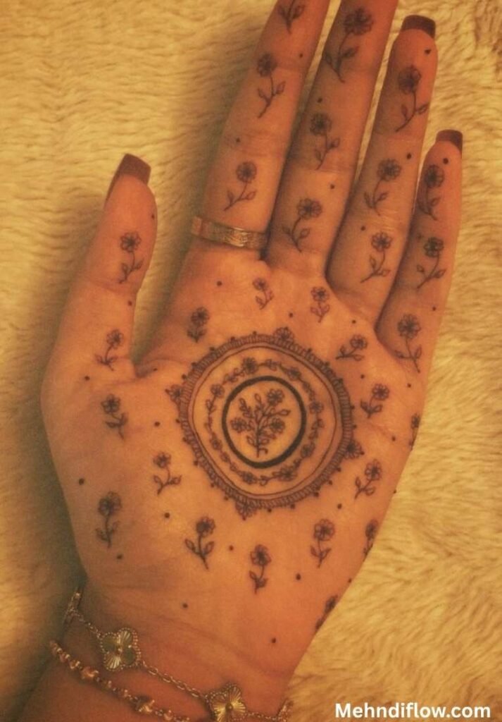 Close up of a hand showing a detailed mandala-style circular frame with a small floral branch motif at the center, surrounded by a scattered, minimalist pattern of tiny individual flower stems and dots across the palm and fingers.