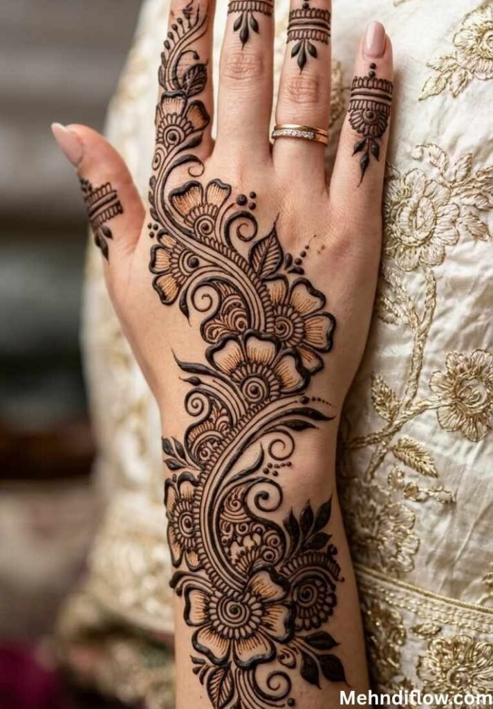 Bold, shaded floral and swirl Arabic henna design sweeping across the back of a hand and wrist.