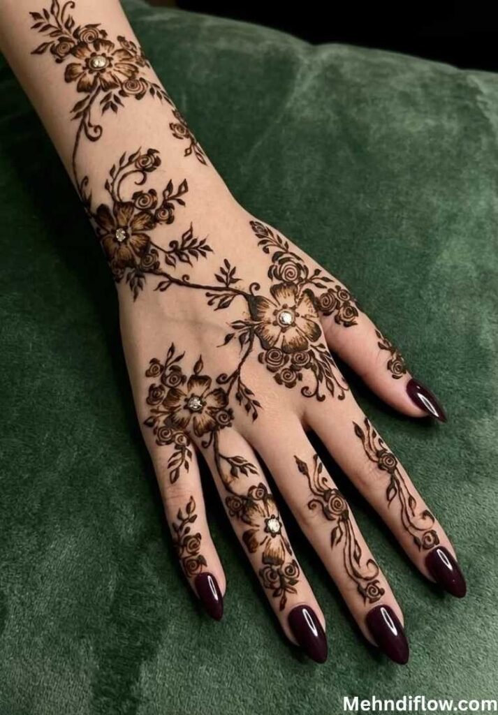 Delicate floral and vine Arabic mehndi design on the back of a hand with dark maroon nails.