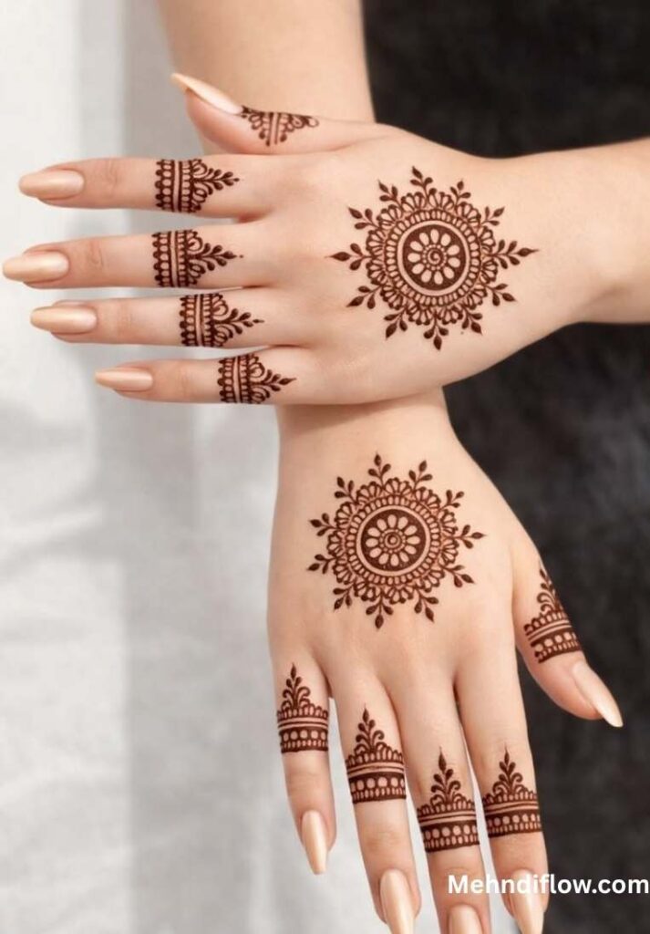 A close-up view of two hands featuring a classic round tikki mehndi design, characterized by a centered circular motif on the back of each hand, complemented by matching delicate patterns on the fingertips.