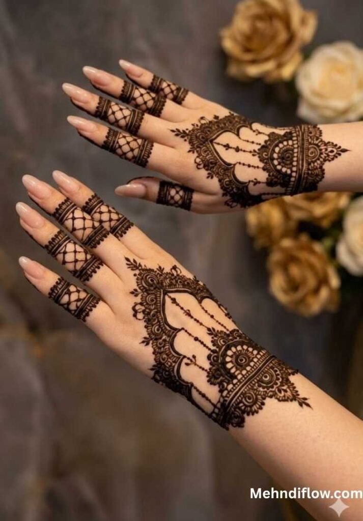 A close-up view of two hands featuring a "Crown-Inspired" mehndi design, highlighting a central scalloped motif resembling a crown, paired with delicate net patterns on the fingers.