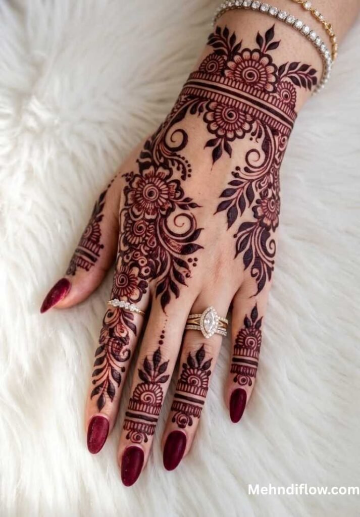 A close-up view of a single hand displaying a royal-style mehndi design that blends intricate floral and vine motifs with fine net detailing, elegantly accented with rings.
