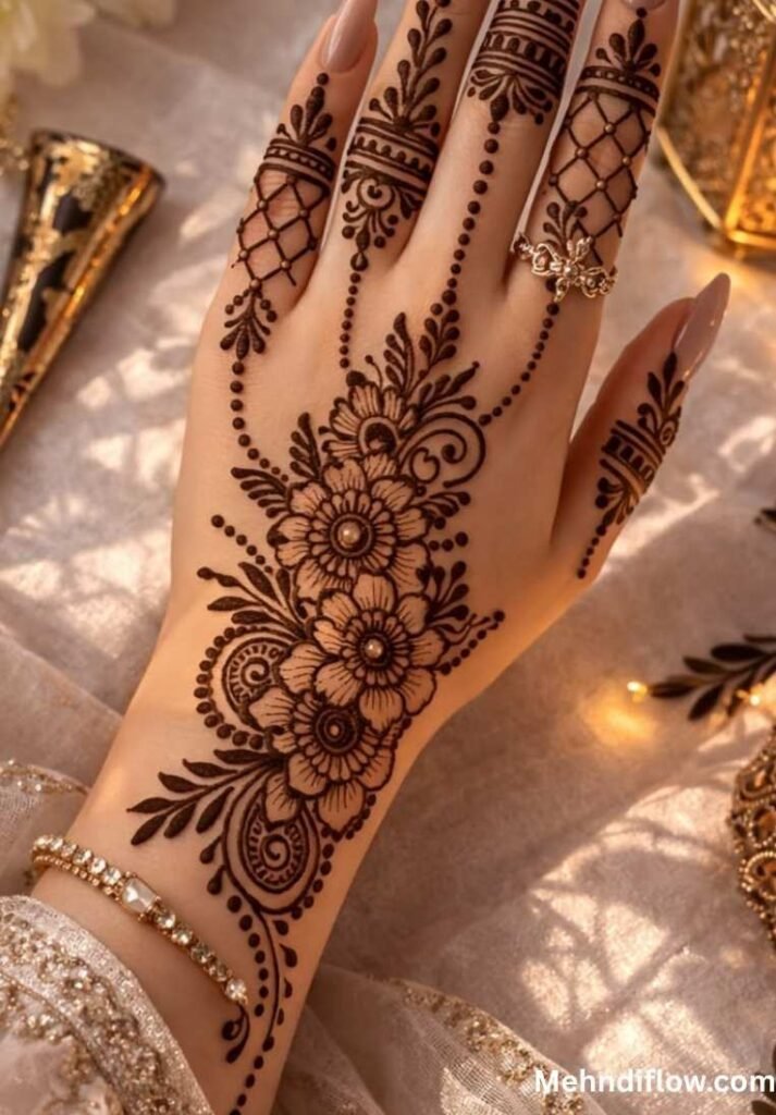 A pair of hands featuring a luxury bridal mehndi design that incorporates peacock motifs, detailed net patterns on the forearms, and elegant floral elements.